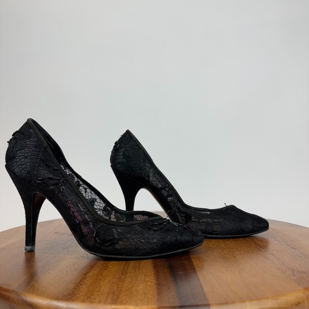 Womens Susan Bennis Warren Edwards Black Lace Beaded Heels‎ Pumps Size 6 M GUC